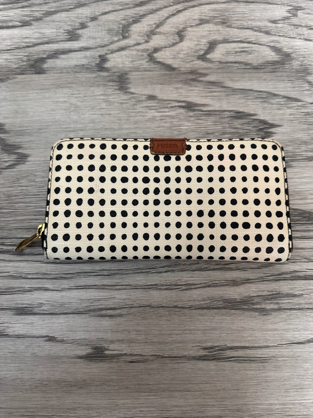 Fossil Black Polka Dot Zip Wallet on White